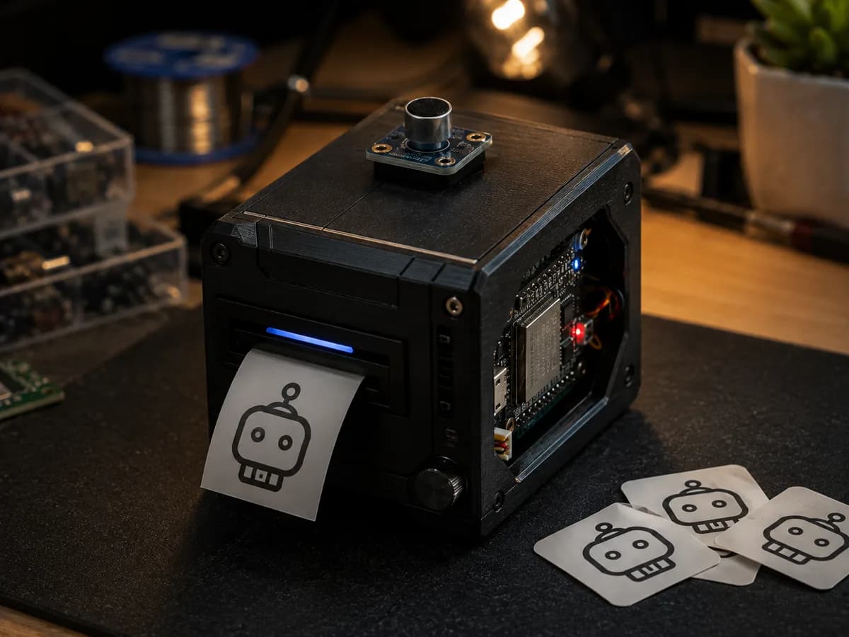 Black sticker-box prototype with a microphone on top, exposed electronics and printed robot stickers